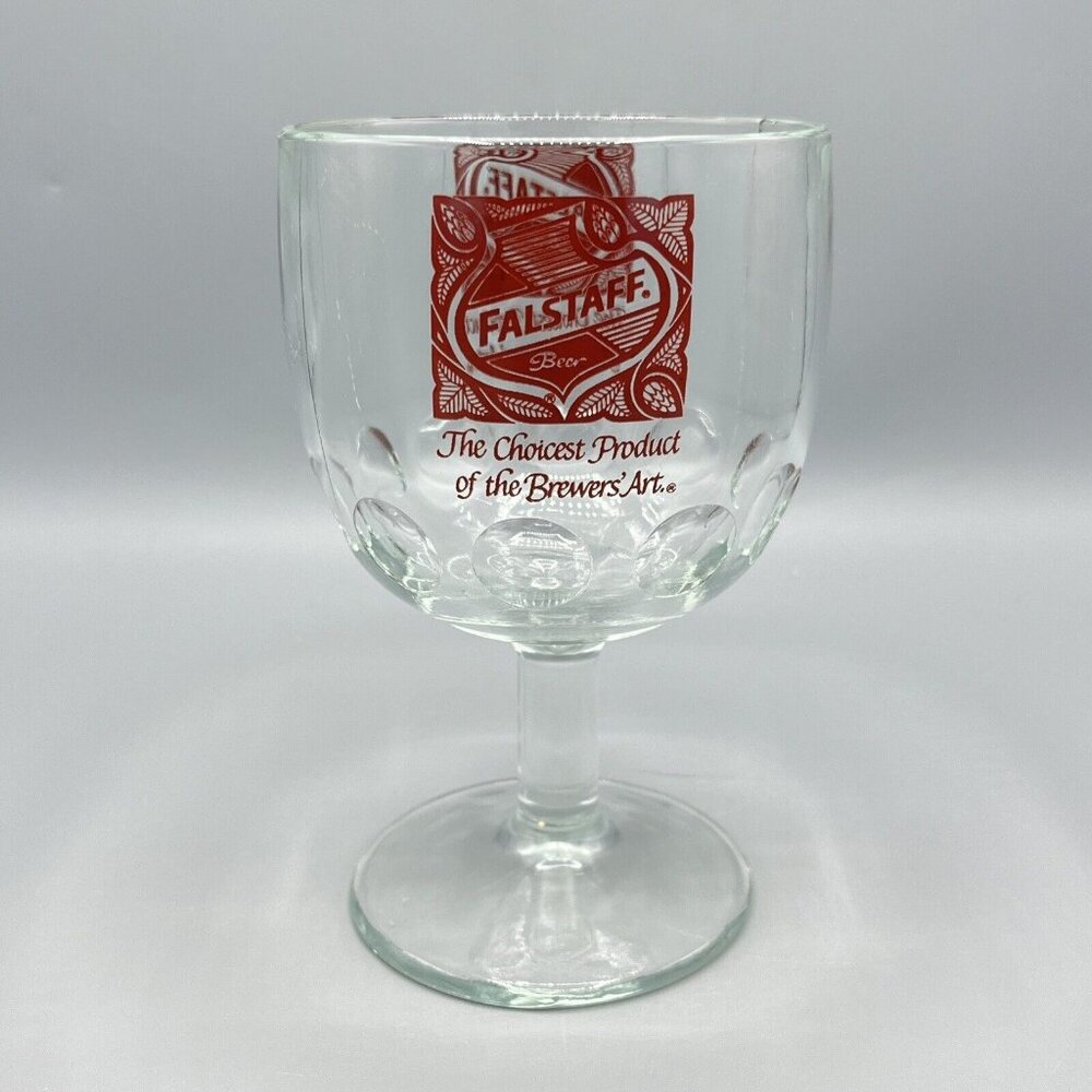 Vintage Falstaff Beer Logo Thumbprint Stemmed Goblet Heavy Glass 6" Tall 16 Oz